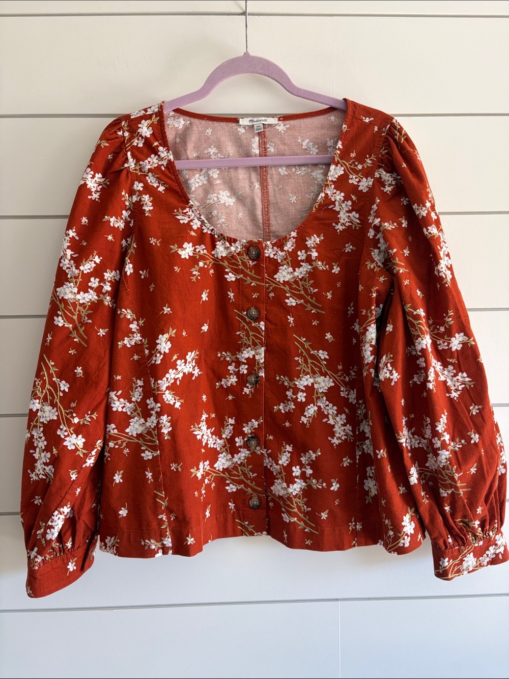 Madewell Rust Orange Floral Button-Front Puff Sleeve Corduroy Top Size XXL